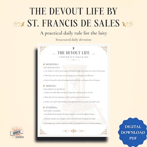 Pode incluir: Um download digital em PDF intitulado "A Vida Devota por São Francisco de Sales". O documento descreve uma regra diária para os leigos, com seções sobre a preparação matinal, o retiro espiritual do meio-dia e o exame vespertino. Inclui um selo PDF de download digital.
