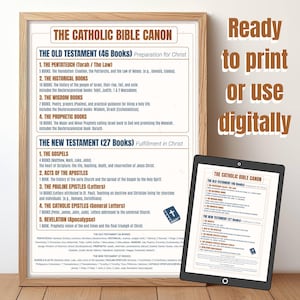 May include: A framed print and a tablet display the "Catholic Bible Canon." The print lists the Old and New Testaments with book breakdowns. The text "Ready to print or use digitally" is visible. The print is in a wooden frame.