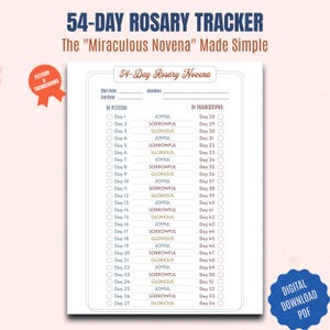 Puede incluir: Un rastreador imprimible del Rosario de 54 días con el texto "54-Day Rosary Tracker" y "The Miraculous Novena Made Simple". El rastreador incluye secciones para "En petición" y "En acción de gracias" con casillas de verificación para cada día. Un PDF de descarga digital.