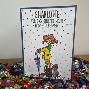 Geburtstagskarte Pippi Langstrumpf im Konfetti-Regen