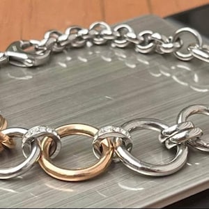 FOSSIL 8” Steel Designer Fashion Bracelet Rose Gold + Silver Tone with CZ Inserts