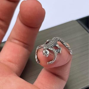 May include: A silver-colored ring in the shape of a lizard, with detailed scales and a curved design. The lizard ring is wrapped around a finger, showcasing its intricate craftsmanship and unique style. The ring is a piece of jewelry.