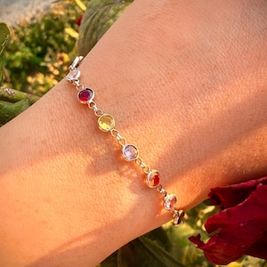 Dainty Multi-Stone Bracelet,Gold Gemstone Bracelet,Cubic Zirconia Necklace,Rose Multicolor Bracelet,Colorful Stone Jewelry,Christmas Gifts