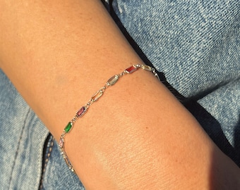 Pulsera baguette de plata de ley con cristales multicolor