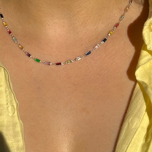 Gemstone Baguette Chain Necklace,Quality Multistone Crystal Necklace,Multicolor Layering Necklace,Birthday Gift,Christmas Gift,Gifts For Her