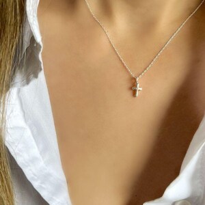 Sterling Silver Tiny Cross Necklace: Religious Baptism Gift image 1