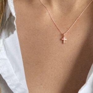 Sterling Silver Tiny Cross Necklace: Religious Baptism Gift Rose