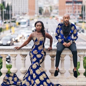 Ankara Isiagu Couple wedding outfit, African wedding Couple matching outfits, African anniversary Couple wedding outfit, Couple attire.