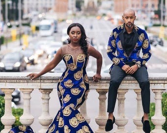 Ankara Isiagu Couple wedding outfit, African wedding Couple matching outfits, African anniversary Couple wedding outfit, Couple attire.