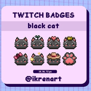 Cute Pixel Black Cat Twitch Sub/Bit Badges, Kawaii Pixel Art Badges for Twitch, Cozy Kitty Badges for Streams, Gamer Streaming Assets