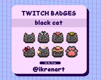Insignias de Twitch de gato negro pixelado, arte de gatito kawaii (descarga digital)