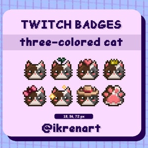 Cute Pixel Three-Colored Cat Twitch Sub/Bit Badges, Pixel Art Badges for Twitch, Cozy Kitty Badges for Streams, Gamer Streaming Assets