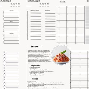 Può includere: Un pianificatore di pasti stampabile con un elenco della spesa, un calendario mensile e una ricetta per gli spaghetti. La ricetta include ingredienti come olio d'oliva, aglio, cipolle, pomodori, basilico, sale, pepe e parmigiano.