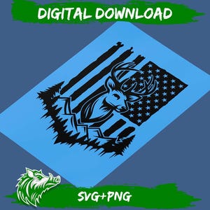 Pode incluir: Um design gráfico azul com um veado com chifres, contra uma bandeira americana estilizada. O design inclui o texto "DOWNLOAD DIGITAL" na parte superior e "SVG+PNG" na parte inferior. Um logotipo de javali verde e branco está no canto inferior esquerdo.