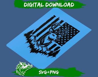May include: A blue graphic design featuring a deer with antlers, set against a stylized American flag. The design includes the text "DIGITAL DOWNLOAD" at the top and "SVG+PNG" at the bottom. A green and white boar logo is in the lower left corner.