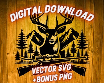 Vector Buck Head Hunting SVG - Forest Mountains Wildlife Design - Deer Antlers Clipart for Cricut - Rustic Nature Outdoorsy Art File