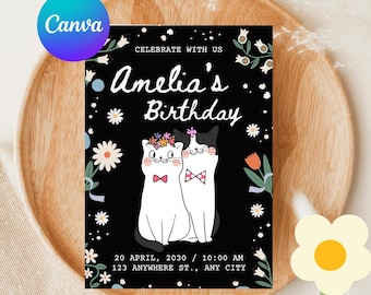 Floral Cat Birthday Invitation: Editable Kids Party Invite (Digital Download)