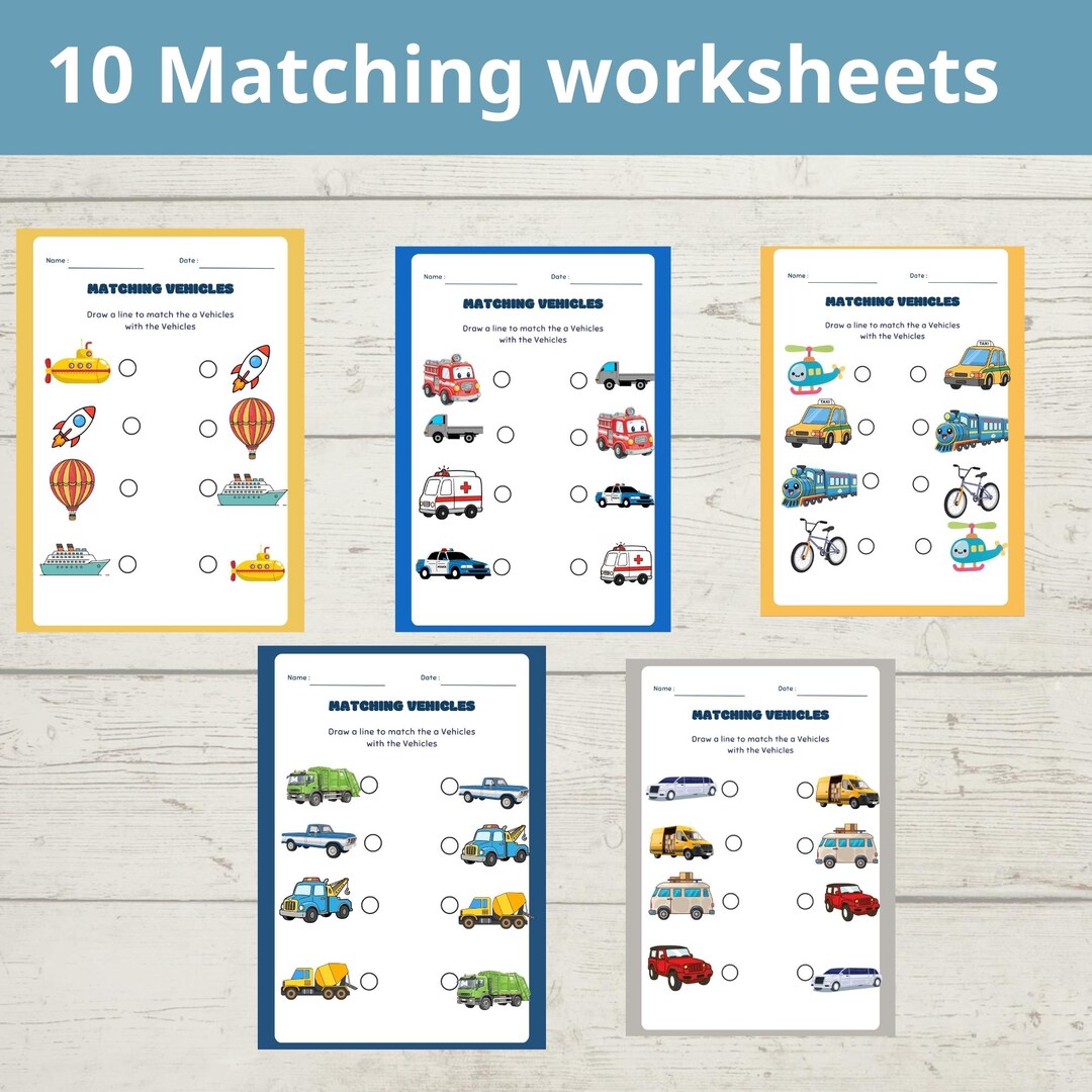 Vechile Math Worksheets Vehicle Matching Worksheets, Preschool Learning Activity (PDF Printable ...