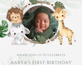 Green Watercolor Jungle Themed Wild One First Birthday Invitation invitation ,anniversaire bébé ,fête anniversaire garçon/fille