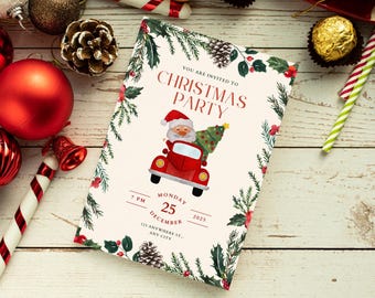 May include: A Christmas party invitation with a festive design featuring Santa Claus driving a red truck with a Christmas tree. The invitation includes the date, time, and location of the party.