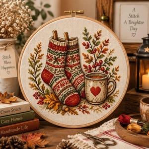 Könnte beinhalten: Ein runder Holzstickrahmen mit einem Kreuzstichmotiv aus zwei gemusterten Socken in Rot, Grün und Creme, einer Tasse mit einem roten Herz sowie herbstlichem Laub und Beeren auf einem hellen Stoffhintergrund.