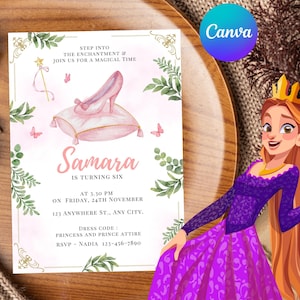 Convite de aniversário de princesa mágica para meninas – editável e com download instantâneo | Convite para festa de conto de fadas PrincessInvitation,FairyTaleParty