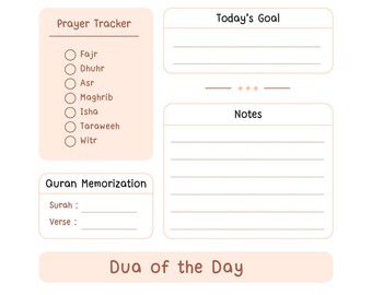 Könnte beinhalten: Ein druckbarer Ramadan-Planer mit hellpfirsichfarbenem Hintergrund. Der Planer enthält Abschnitte für die Gebetsverfolgung, die Koran-Memorierung und ein tägliches Dua. Oben auf der Seite befindet sich eine dekorative Laterne.