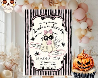 Spooky Ghost Birthday Invitation, Girls Halloween Party, Pink Bow (Digital Template)