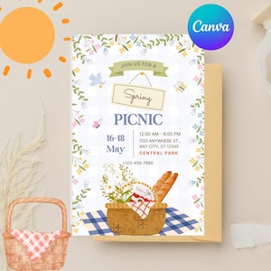 May include: A white invitation with a floral border and a blue and white checked picnic blanket. The invitation reads "Join us for a Spring Picnic" with the date "16-18 May" and the time "12:00 AM - 6:00 PM". The location is "1123 Anywhere St., Any City, ST 12345 Central Park". The phone number is +123-456-7890.