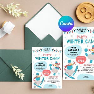 Convite para acampamento de inverno para crianças Atividades divertidas e inscrições abertas! Convite para acampamento de inverno, festa de inverno para crianças, evento de patinação no gelo, diversão