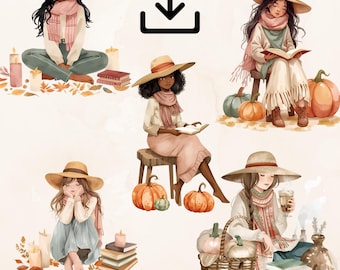 Cozy Autumn Girl Clipart Bundle: Pumpkins, Coffee, Books (Digital Download)