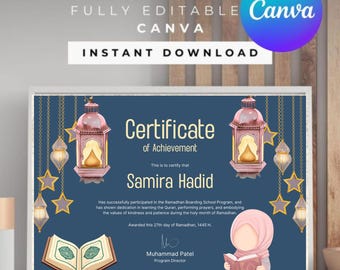 May include: A certificate of achievement with a navy blue background, featuring decorative lanterns, stars, and the text "Certificate of Achievement." The certificate is for Samira Hadid and includes the text "Instant Download."