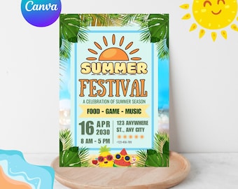 Colorful Summer Festival Invitation Template for Tropical Beach Party with Food Music Games |Editable Printable Flyer Design summer festival