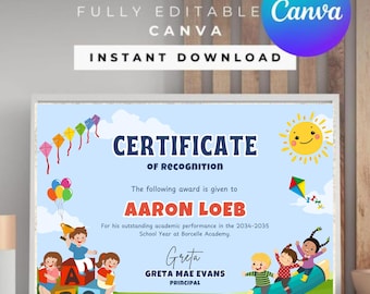 Certificado escolar infantil editável: modelo de prêmio divertido (Canva)