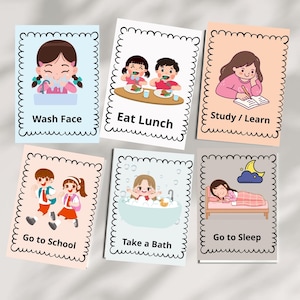 May include: Six illustrated cards with a light blue, peach, and grey background. Each card has a black wavy border and depicts a daily activity: washing face, eating lunch, studying, going to school, taking a bath, and going to sleep.