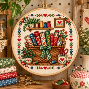 May include: A cross-stitch embroidery in a wooden hoop featuring a woven basket filled with colorful patterned fabric rolls, a green bow, a mug with a red heart, scissors, and a shelf with thread spools, all framed by a floral and heart border.