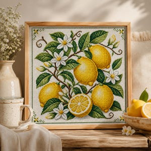 Puede incluir: Cuadro de punto de cruz de limones y flores en un marco de madera. Los limones son amarillos, las hojas verdes y las flores blancas. La obra de arte se exhibe sobre una superficie de madera.