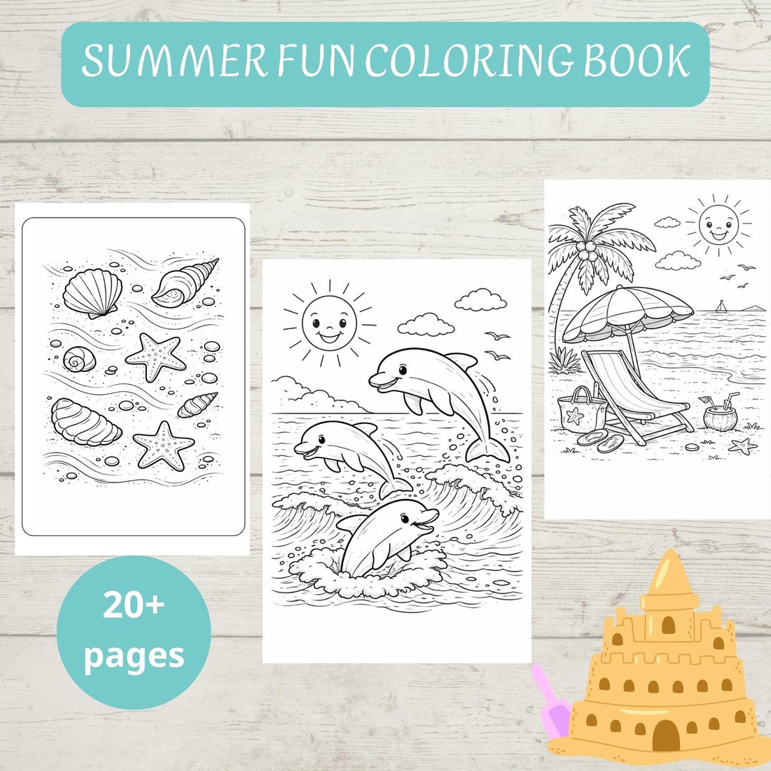 Summer Coloring Book for Kids, Beach Ocean Dolphins, 20+ Pages (PDF ...