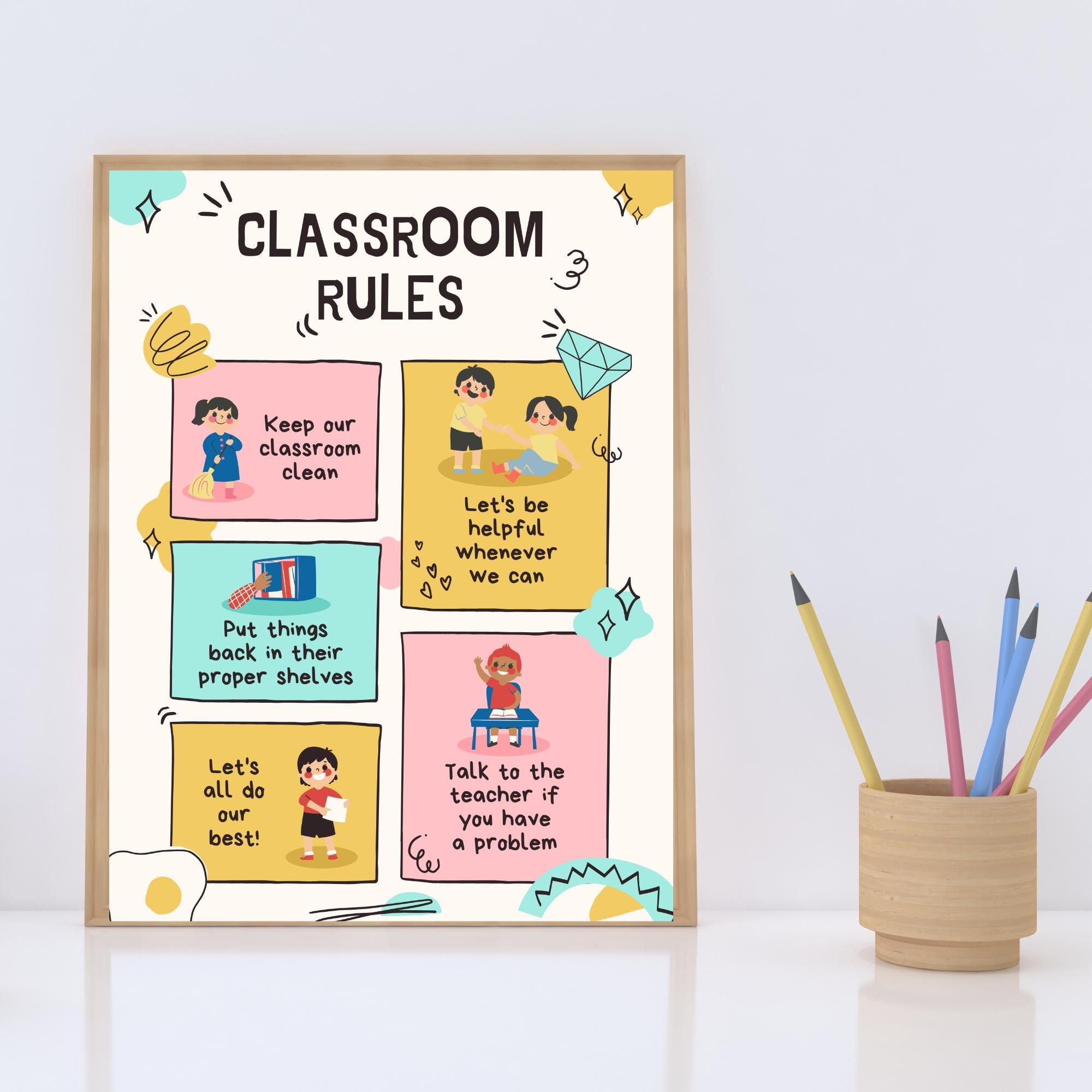 Classroom Rules Poster: Colorful Kids Wall Art, Positive Behavior Chart ...