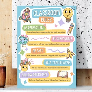 May include: A classroom rules poster with a light blue background. The poster features colorful illustrations of a rocket, lightbulb, pencil, globe, paper airplane, and open book. Text includes "Classroom Rules" and guidelines like "Be Respectful" and "Be Responsible."