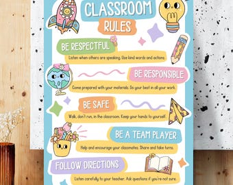 May include: A classroom rules poster with a light blue background. The poster features colorful illustrations of a rocket, lightbulb, pencil, globe, paper airplane, and open book. Text includes "Classroom Rules" and guidelines like "Be Respectful" and "Be Responsible."