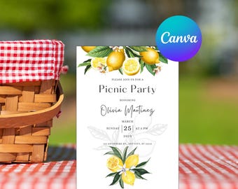 Zaproszenie na piknik cytrynowy: edytowalny szablon Canva (do natychmiastowego pobrania)