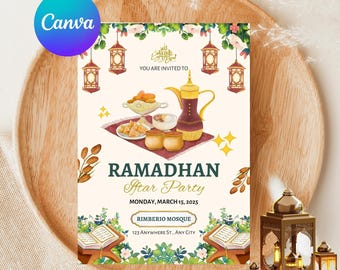 Puede incluir: Una invitación a una fiesta de Iftar de Ramadán en la mezquita Rimberio el lunes 15 de marzo de 2025. La invitación presenta un diseño árabe tradicional con linternas, una tetera y dátiles. La dirección es 123 Anywhere St., Any City.
