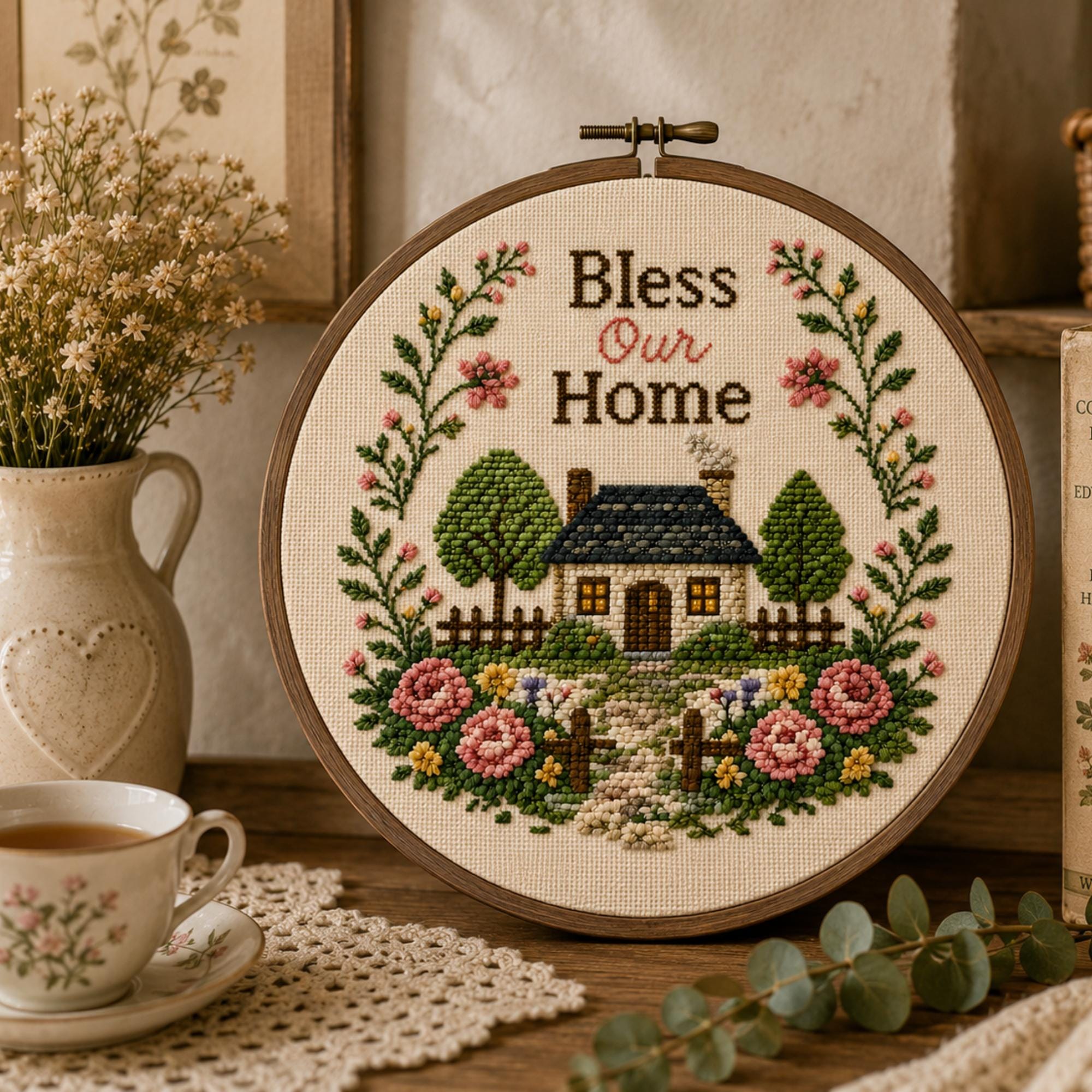 クロスステッチ　洋書　Broderie déco pour la maison Bless Our Home Cross Stitch Pattern – Cottage Garden Farmhouse