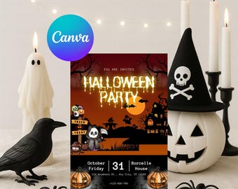 Può includere: Un invito a una festa di Halloween con un design spettrale, con una casa infestata, zucche e una figura della morte. L'invito è circondato da candele, un corvo, ragni e una zucca con un cappello da strega. Il testo dice "Halloween Party".