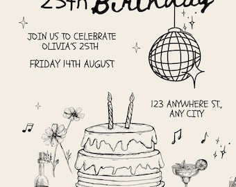 Black and Cream Illustrative 25th Birthday Invitation, 25th Birthday, Party Invitation, Celebration,Birthday Party,Event Invitation