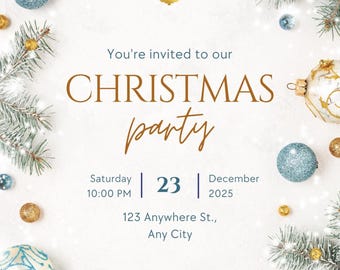 Może przedstawiać: Zaproszenie na świąteczne przyjęcie z białym tłem i złotymi i niebieskimi ozdobami. Tekst brzmi "Join Us!" i "You're invited to our Christmas party". Data i godzina to sobota, 23 grudnia 2025 o 22:00. Adres to 123 Anywhere St., Any City. Numer telefonu to +123456789.