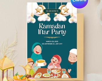 Op de afbeelding: Een uitnodiging voor een Ramadan Iftar-feest met een teal achtergrond en illustraties van mensen die aan een tafel eten. De tekst luidt "U bent uitgenodigd voor het Ramadan Iftar-feest, 26 maart 2025, 123 Anywhere St, Any City".