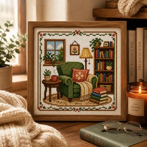 Puede incluir: Un bordado en punto de cruz enmarcado que representa el interior de una habitación acogedora con un sillón verde, una estantería de madera llena de libros coloridos, una mesa auxiliar con una taza, una lámpara de pie y una ventana con vistas.