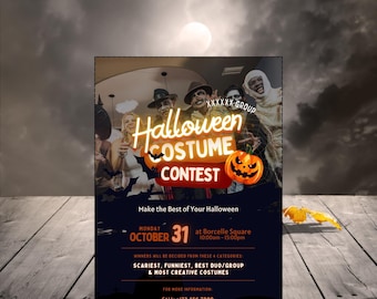 Könnte beinhalten: Ein Halloween-Kostümwettbewerb-Flyer mit kostümierten Personen. Der Flyer zeigt den Text "Halloween Costume Contest" mit einer Kürbis-Grafik. Details umfassen Datum, Uhrzeit und Kategorien des Wettbewerbs.